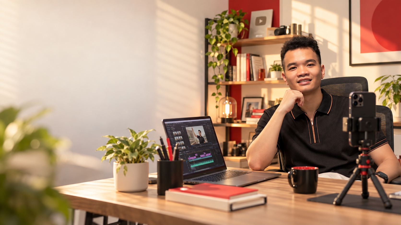 Ảnh minh họa Dương bên máy tính dựng video và điện thoại quay